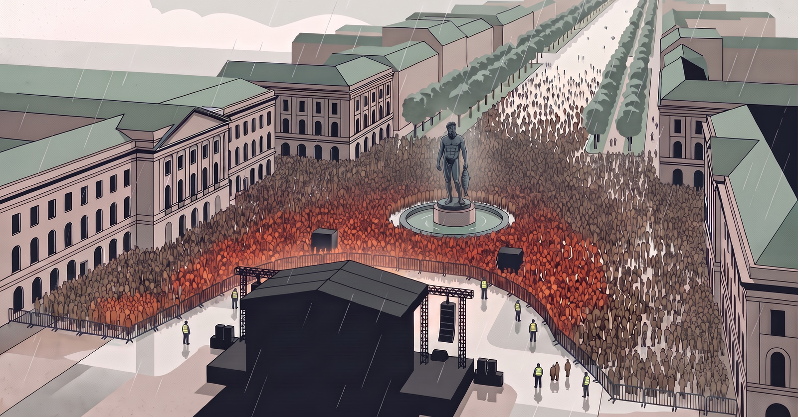 Illustration av Götaplatsen i regn, med publiken tätt packad från fasad till fasad framför scenen.