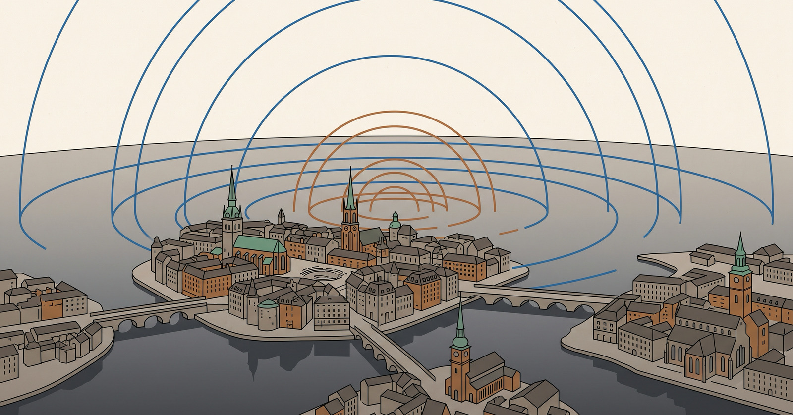 Illustration av en nordisk ö-stad där smala ockrafärgade ljudringar stannar över staden medan breda blå bågar sveper ut över havet.